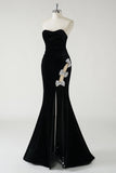 Robe longue formelle en velours noir sans bretelles scintillante avec fente haute (pas de gants)