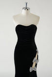 Robe longue formelle en velours noir sans bretelles scintillante avec fente haute (pas de gants)
