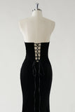 Robe longue formelle en velours noir sans bretelles scintillante avec fente haute (pas de gants)