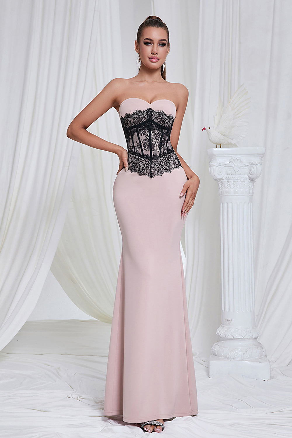 Sirène Robe de bal longue en dentelle bustier rose