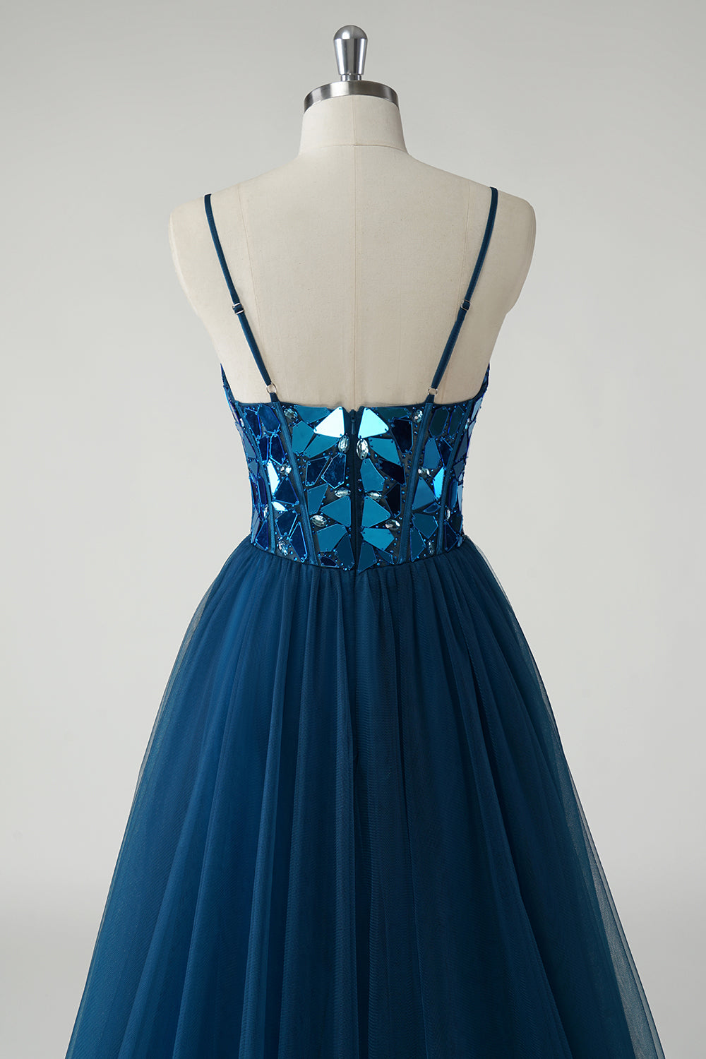 Robe longue trapèze miroir bleu foncé scintillante