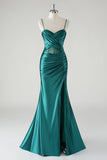 Robe De Soirée sirène à bretelles spaghetti en satin vert foncé