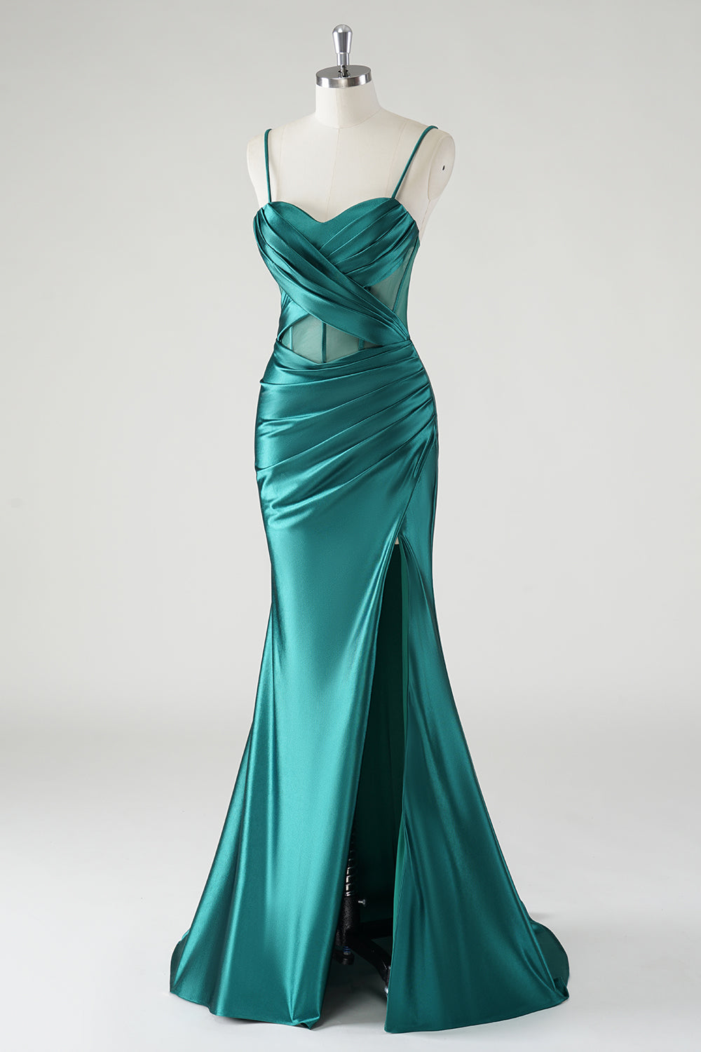 Robe De Soirée sirène à bretelles spaghetti en satin vert foncé