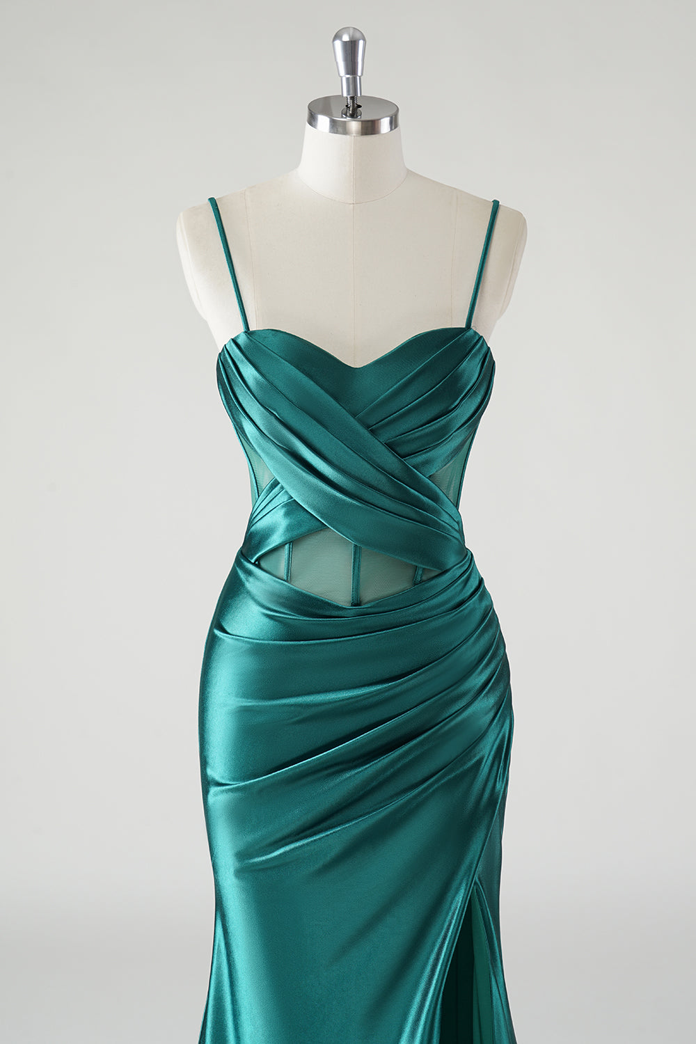 Robe De Soirée sirène à bretelles spaghetti en satin vert foncé