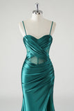 Robe De Soirée sirène à bretelles spaghetti en satin vert foncé