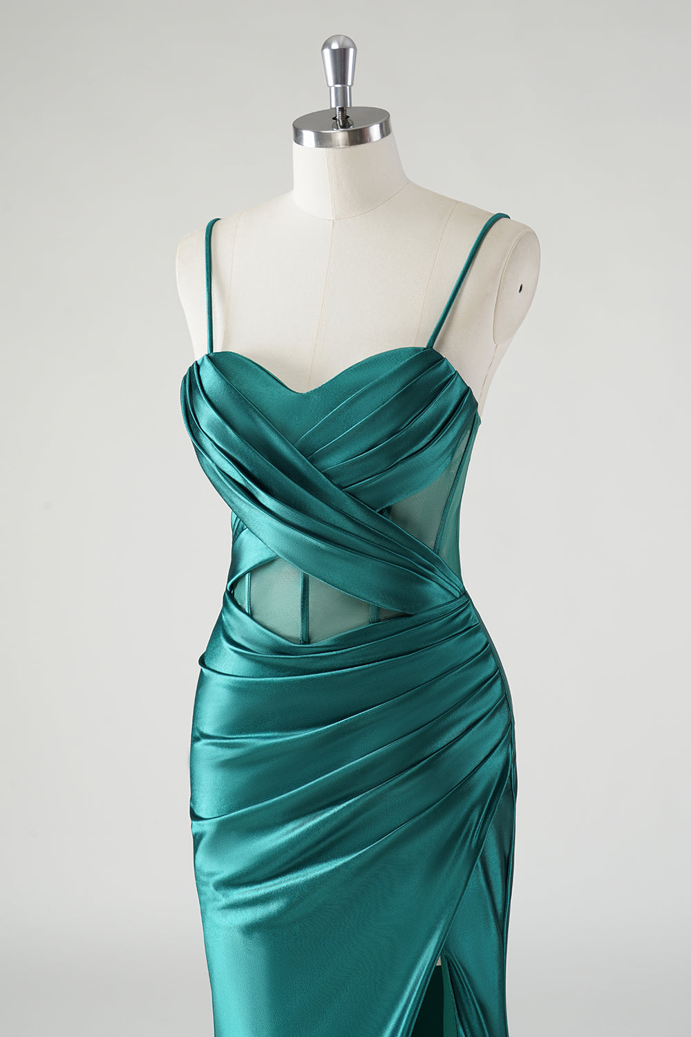 Robe De Soirée sirène à bretelles spaghetti en satin vert foncé