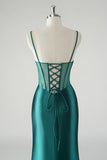 Robe De Soirée sirène à bretelles spaghetti en satin vert foncé