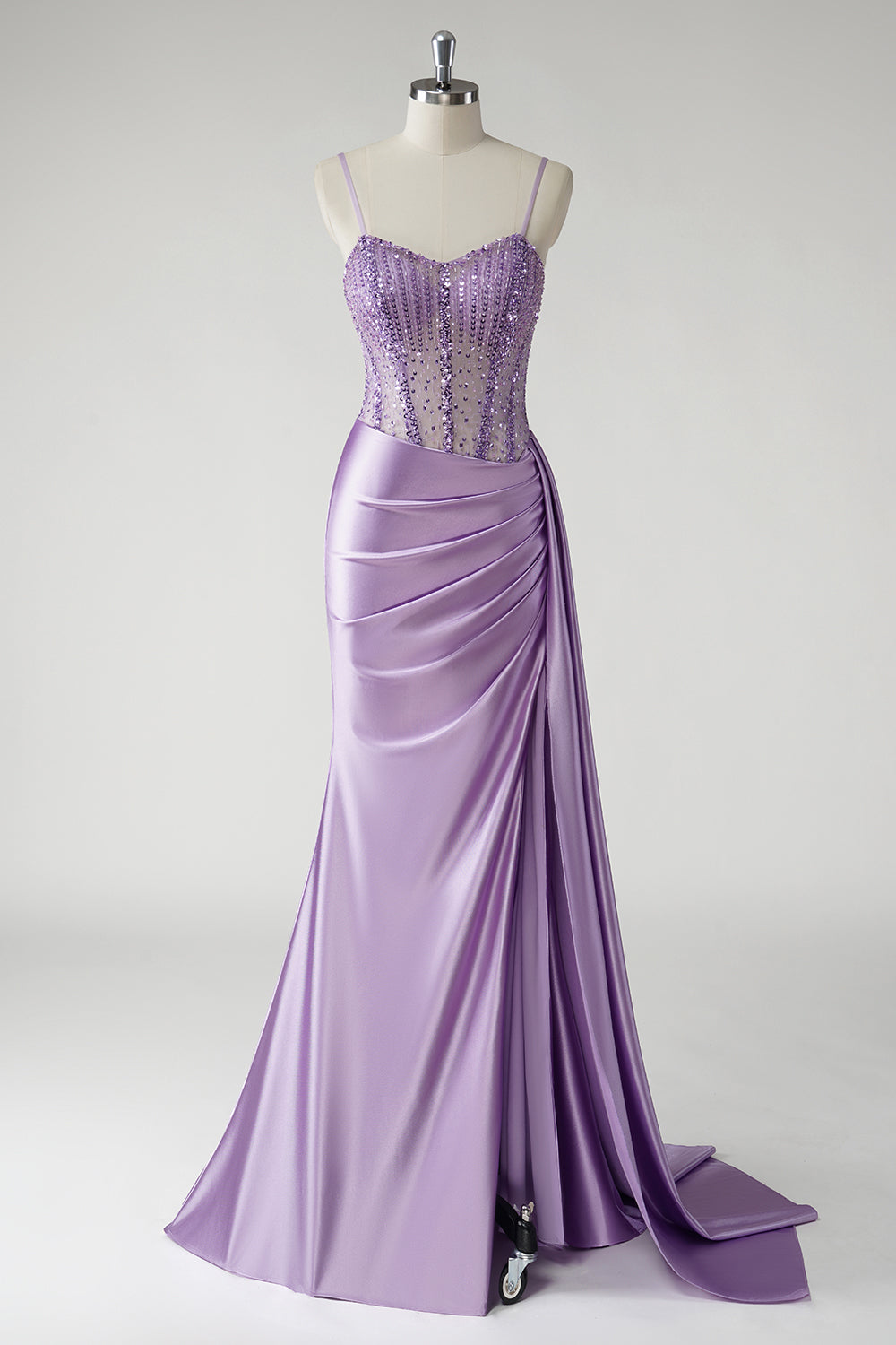 Étincelant violet Corset satin côté cape longue Robe De Soirée avec fente