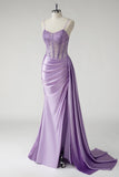 Étincelant violet Corset satin côté cape longue Robe De Soirée avec fente