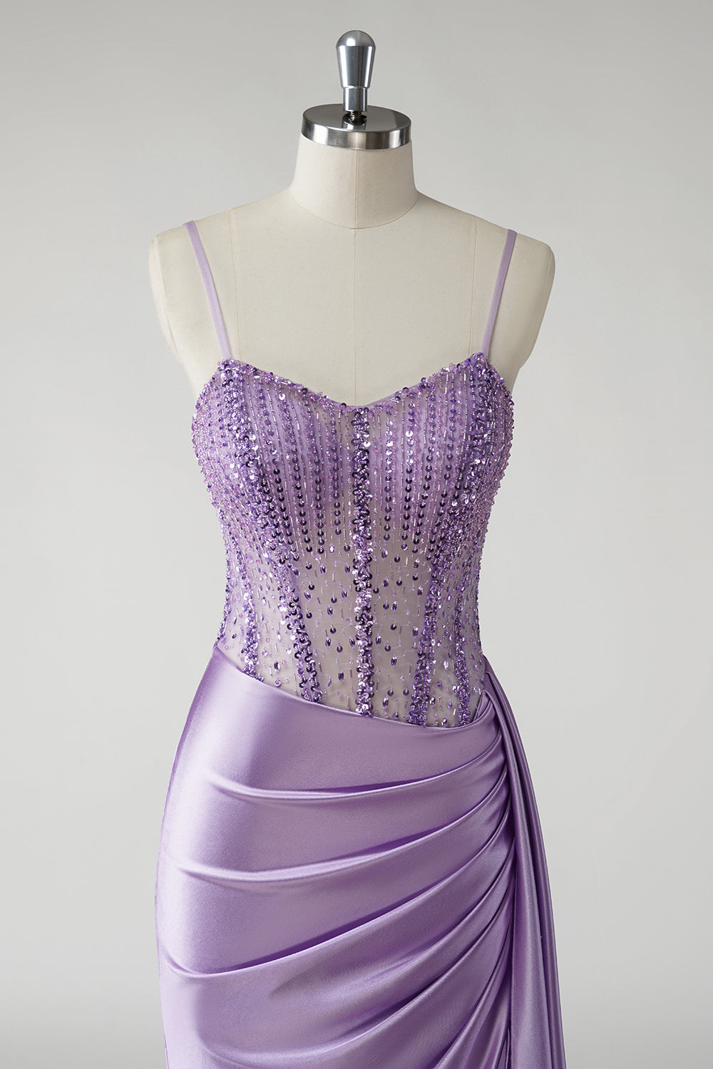 Étincelant violet Corset satin côté cape longue Robe De Soirée avec fente