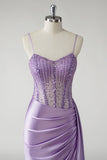 Étincelant violet Corset satin côté cape longue Robe De Soirée avec fente