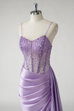 Étincelant violet Corset satin côté cape longue Robe De Soirée avec fente