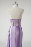 Étincelant violet Corset satin côté cape longue Robe De Soirée avec fente