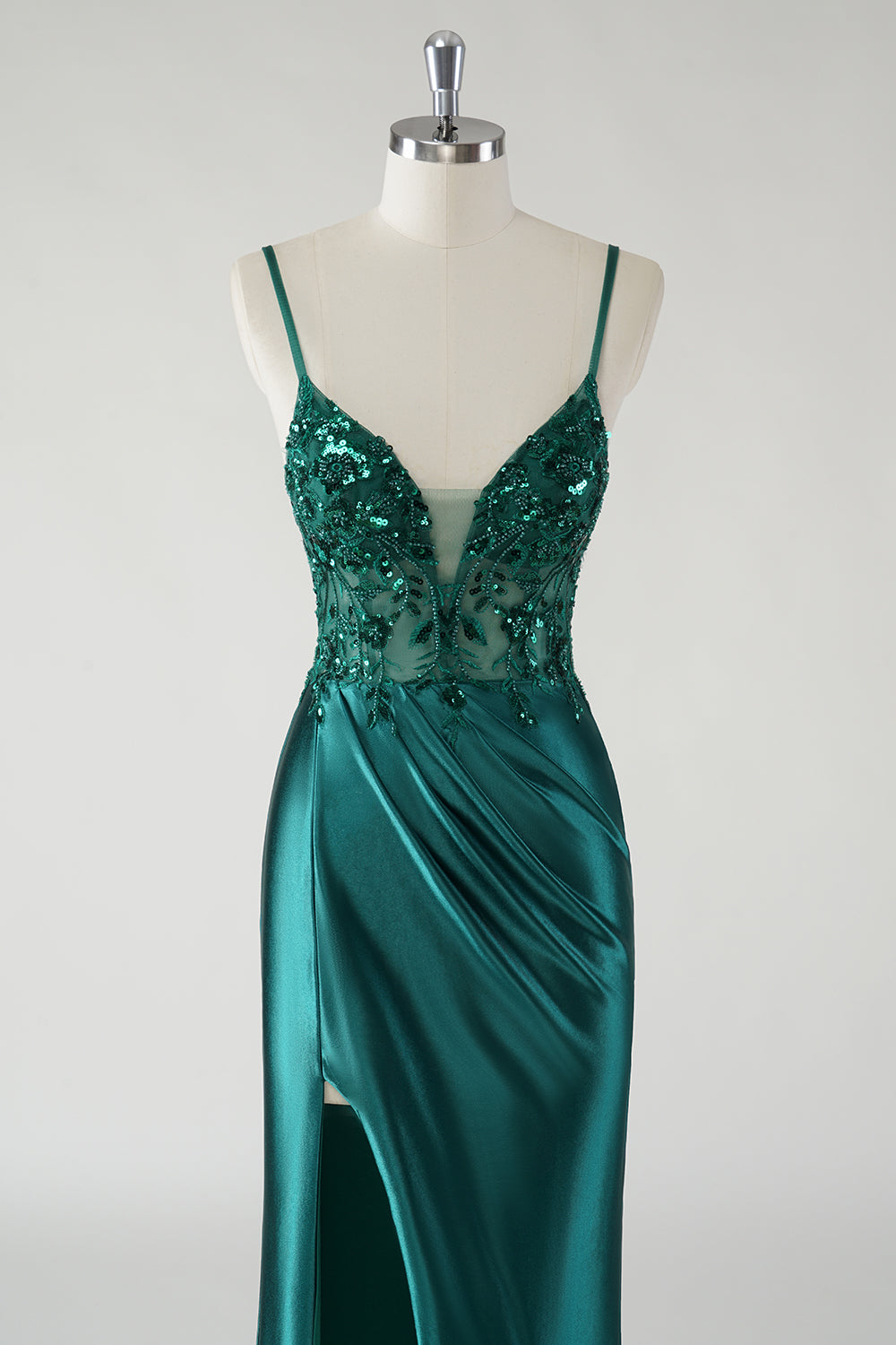 Robe De Soirée sirène à bretelles spaghetti vert foncé scintillante avec fente