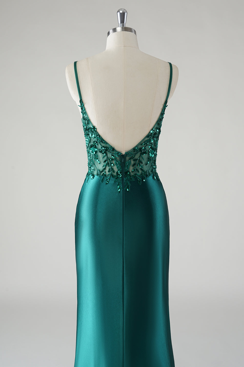 Robe De Soirée sirène à bretelles spaghetti vert foncé scintillante avec fente