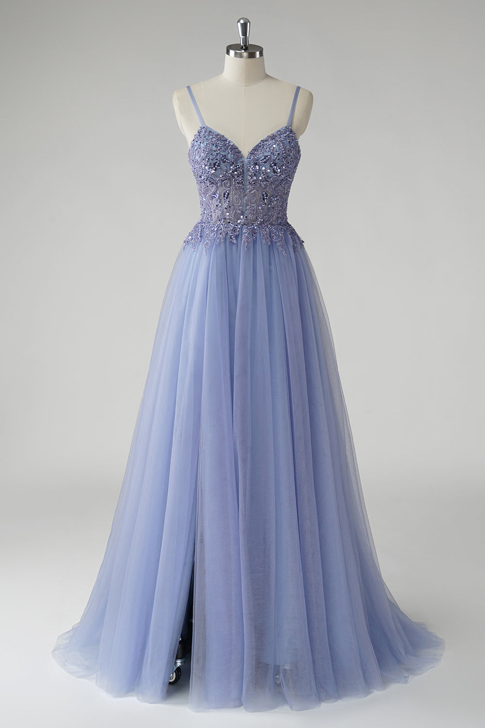 Robe De Soirée en tulle bleu gris scintillant une ligne avec fente