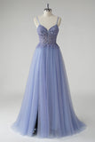 Robe De Soirée en tulle bleu gris scintillant une ligne avec fente