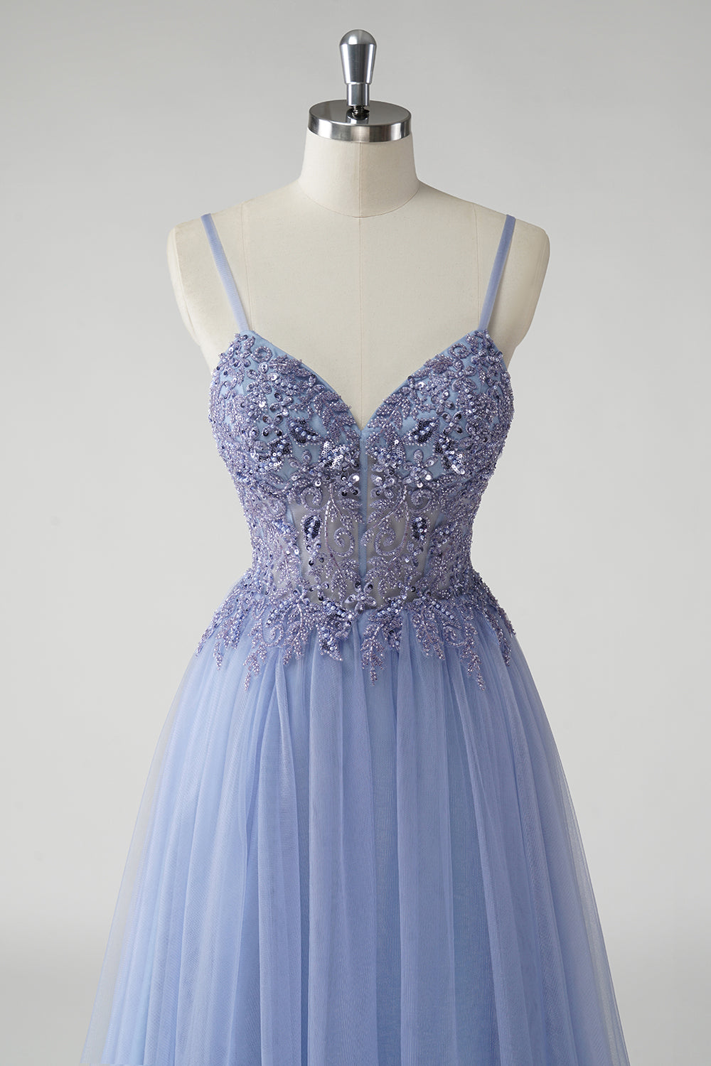 Robe De Soirée en tulle bleu gris scintillant une ligne avec fente