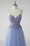 Robe De Soirée en tulle bleu gris scintillant une ligne avec fente