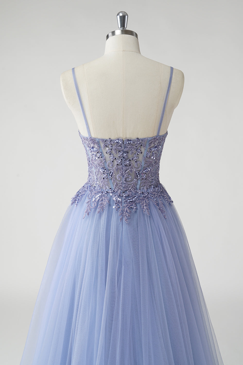 Robe De Soirée en tulle bleu gris scintillant une ligne avec fente