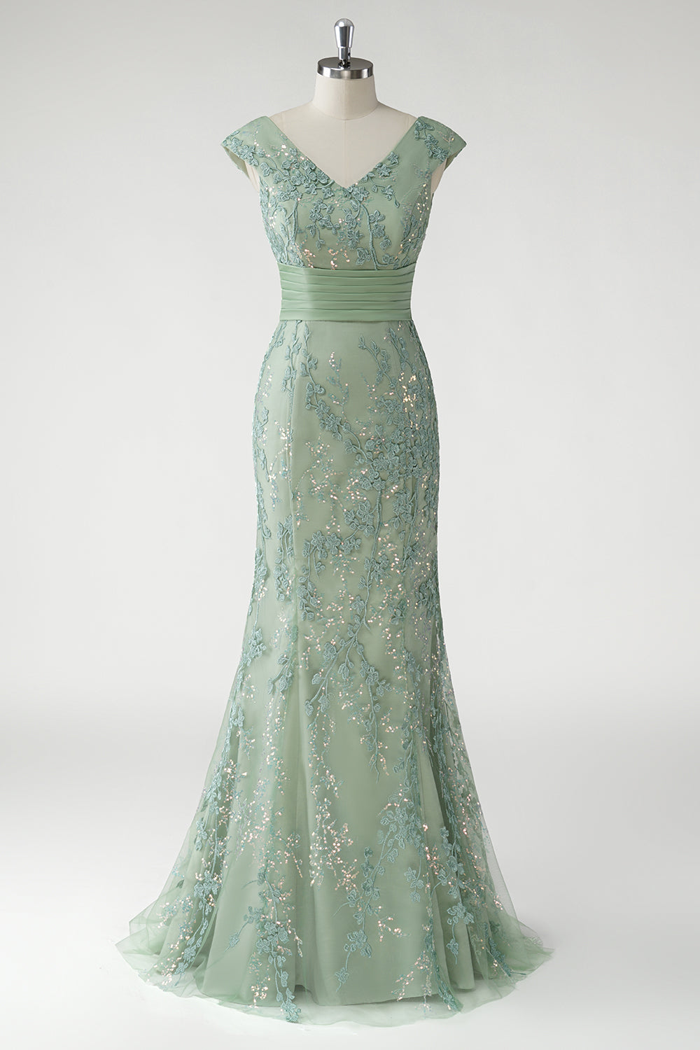 Vert Col V Sirène Appliques Paillettes Cap Manches Robe De Soirée