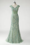 Vert Col V Sirène Appliques Paillettes Cap Manches Robe De Soirée