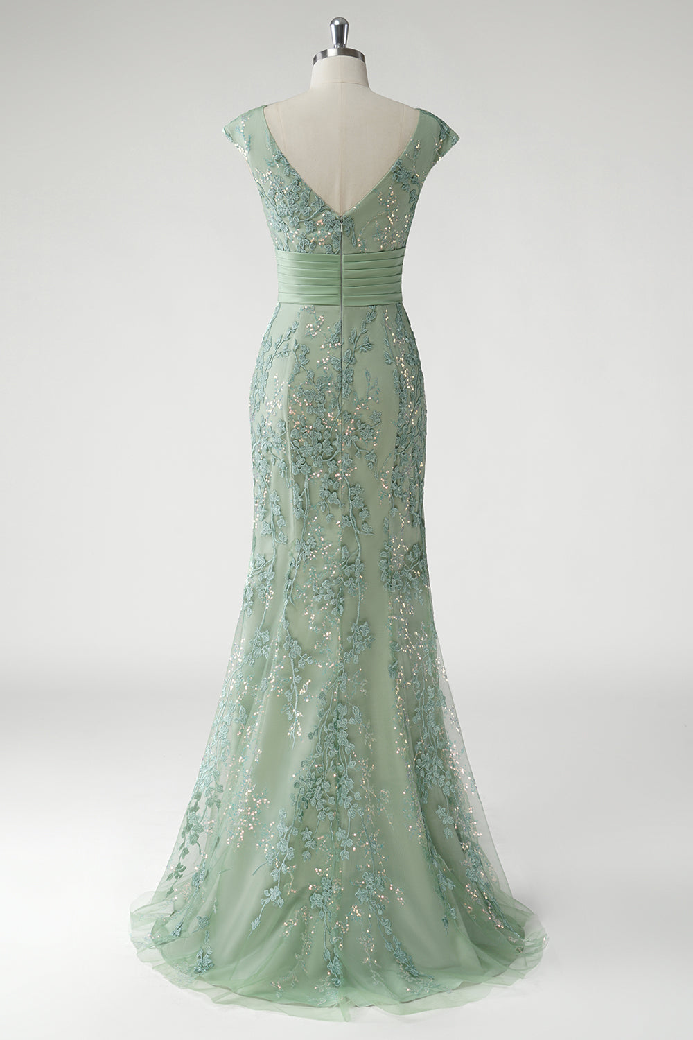 Vert Col V Sirène Appliques Paillettes Cap Manches Robe De Soirée