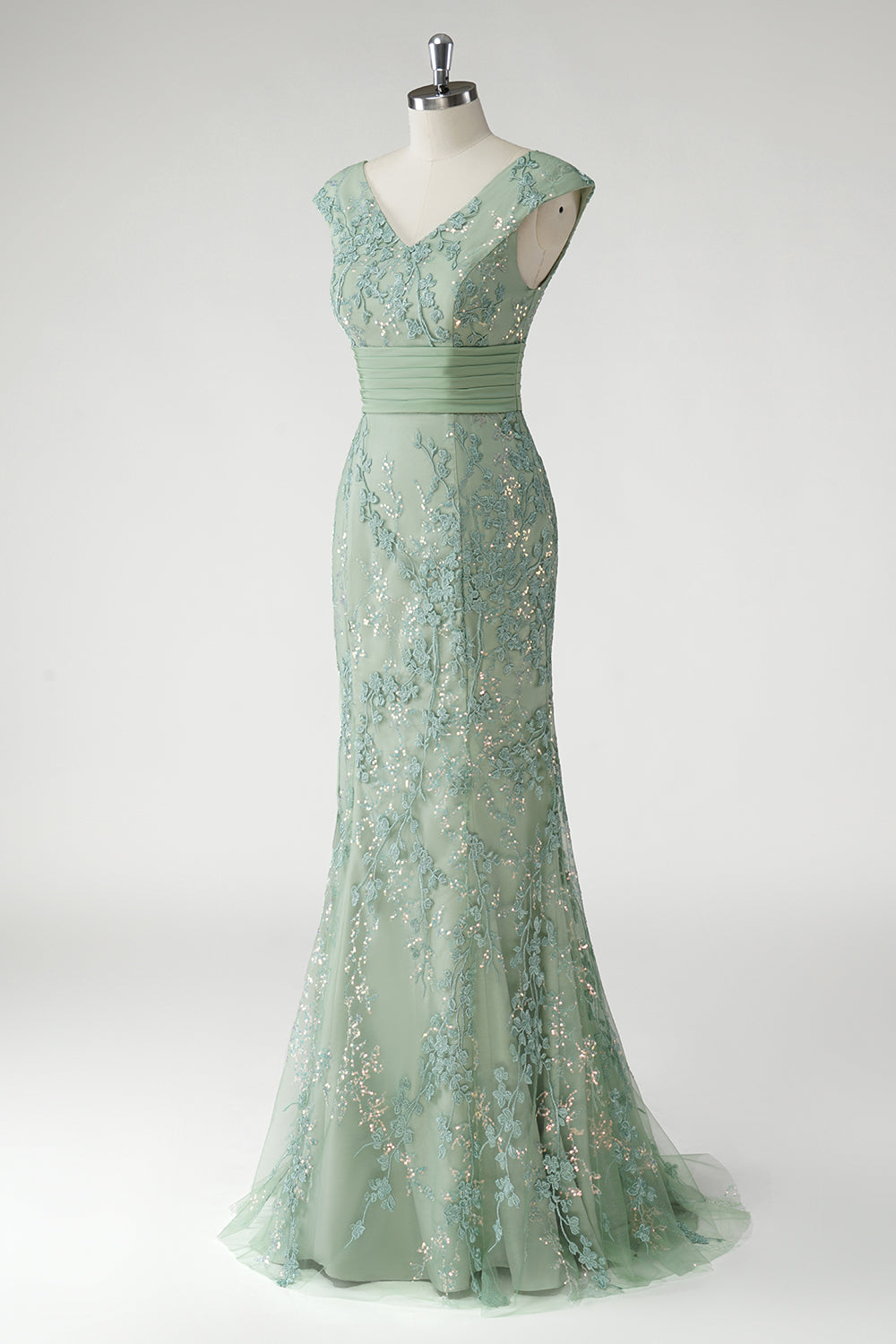 Vert Col V Sirène Appliques Paillettes Cap Manches Robe De Soirée