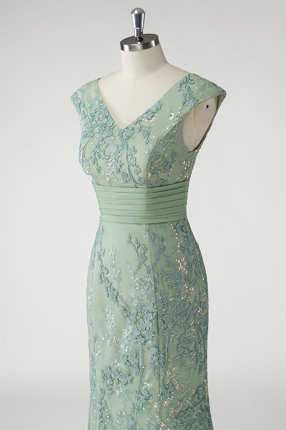 Vert Col V Sirène Appliques Paillettes Cap Manches Robe De Soirée