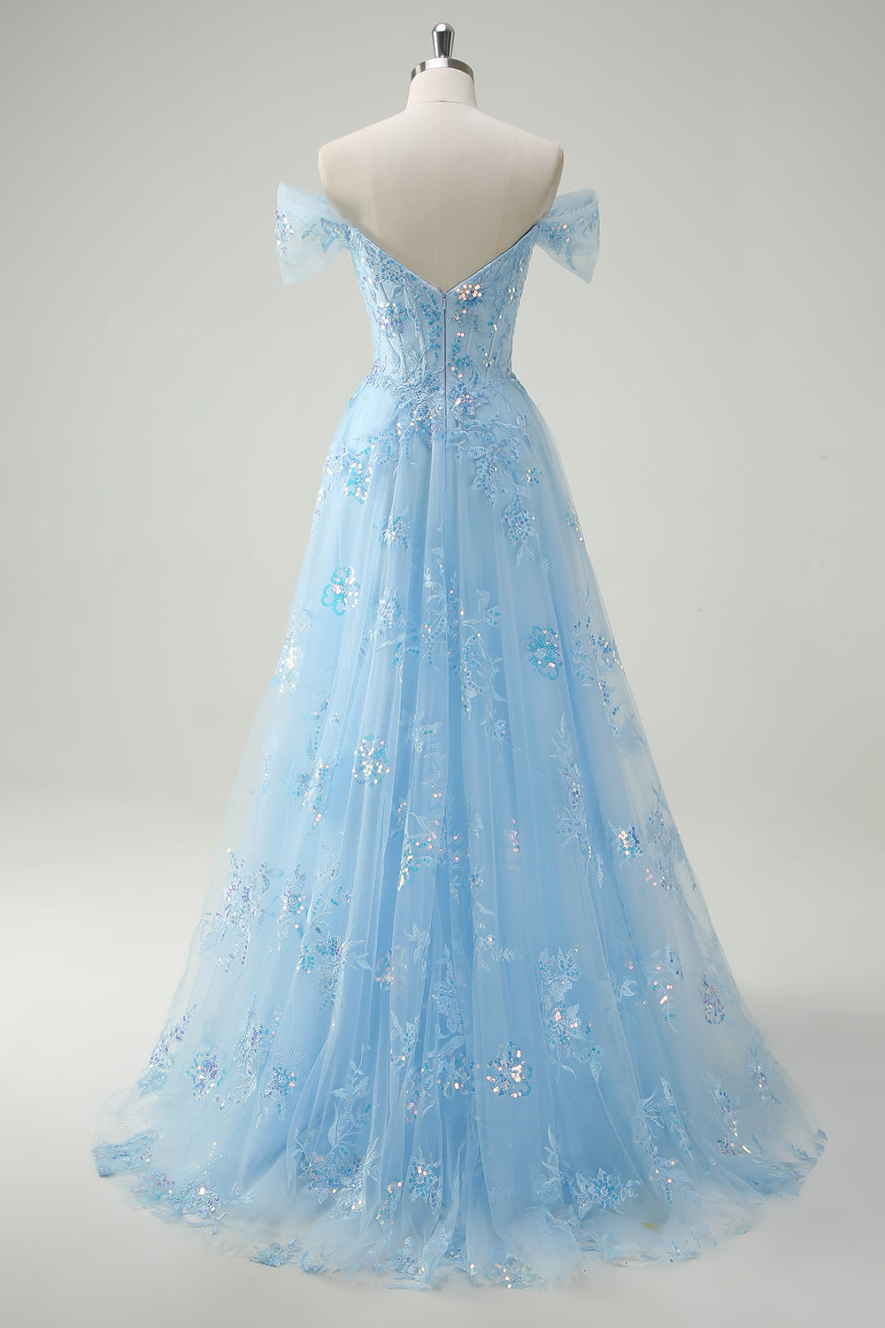Robe de bal trapèze scintillante bleu ciel dénudée avec fente