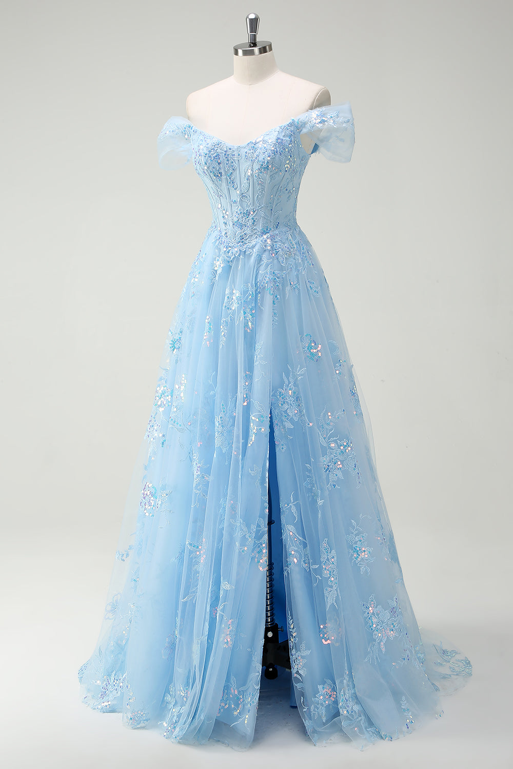 Robe de bal trapèze scintillante bleu ciel dénudée avec fente