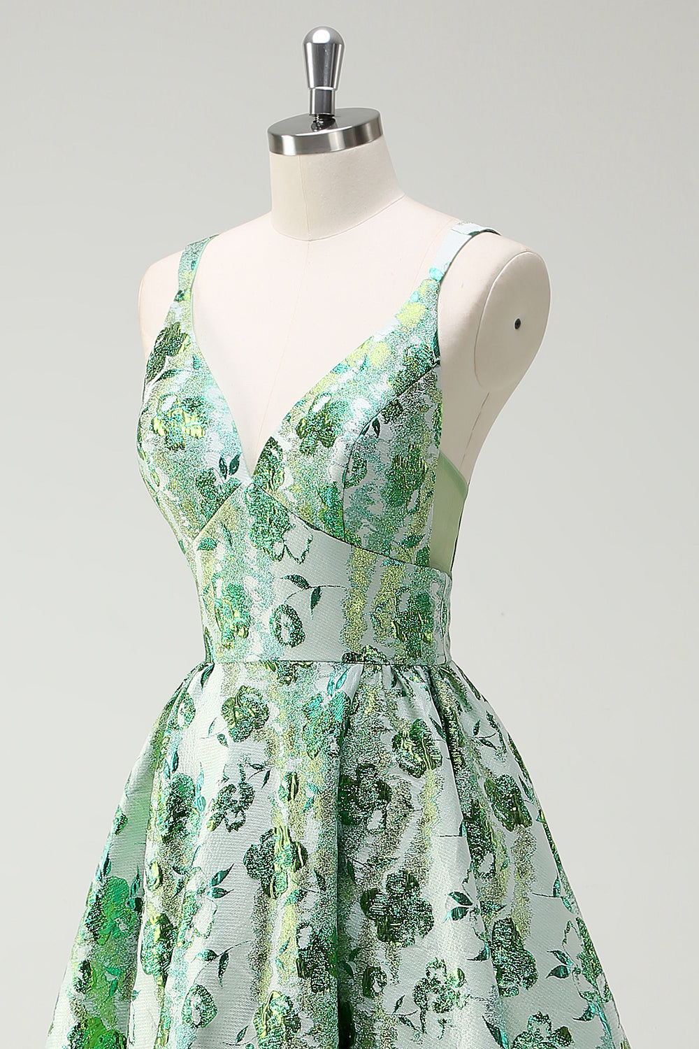Robe longue de bal à bretelles spaghetti florales a-trapèze vert scintillant