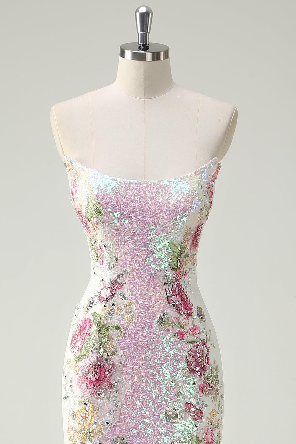 Robe de bal longue sirène sans bretelles florale blanche scintillante