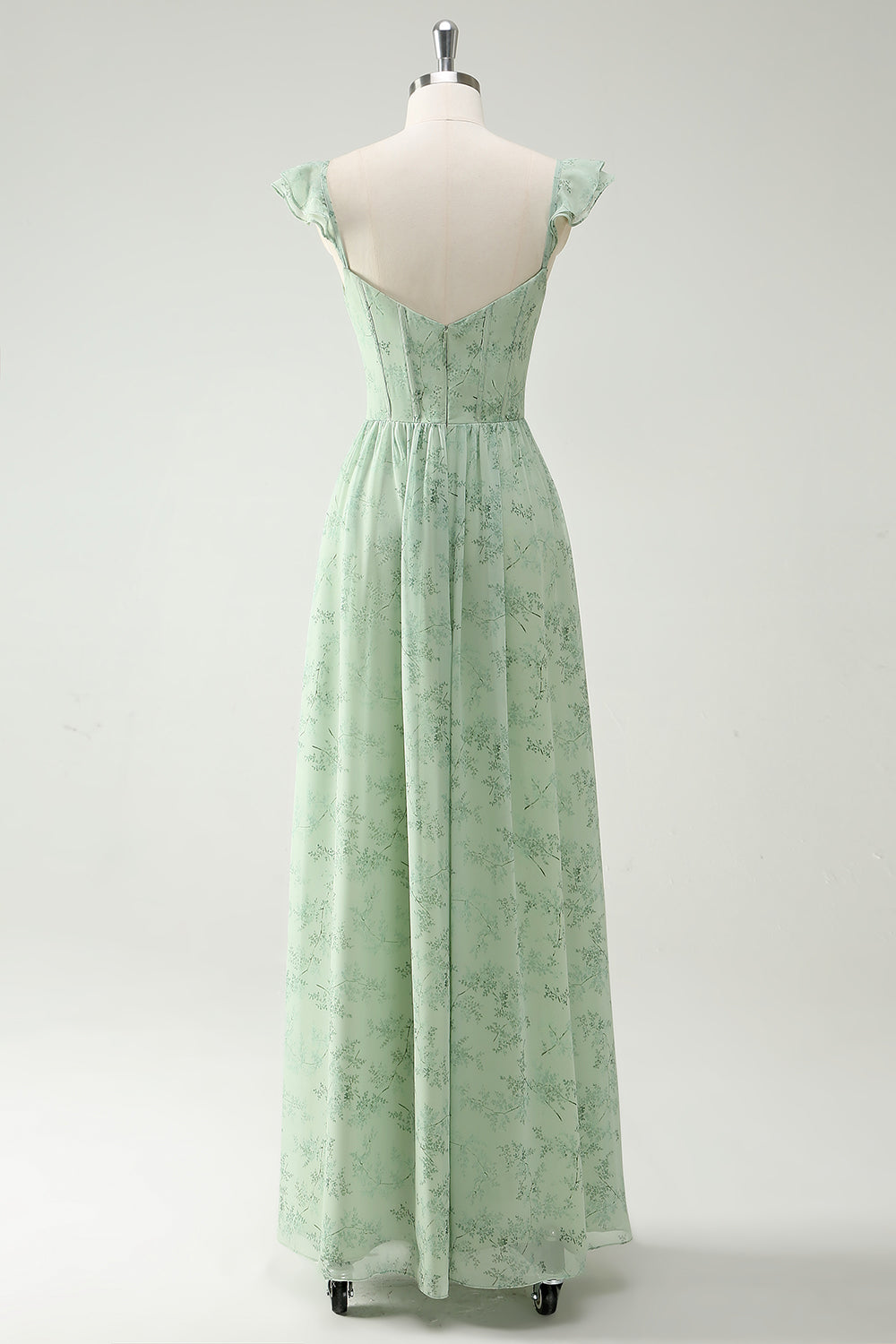 Une ligne de fleurs vertes volants bretelles longue robe de bal corset avec fendu sur le devant
