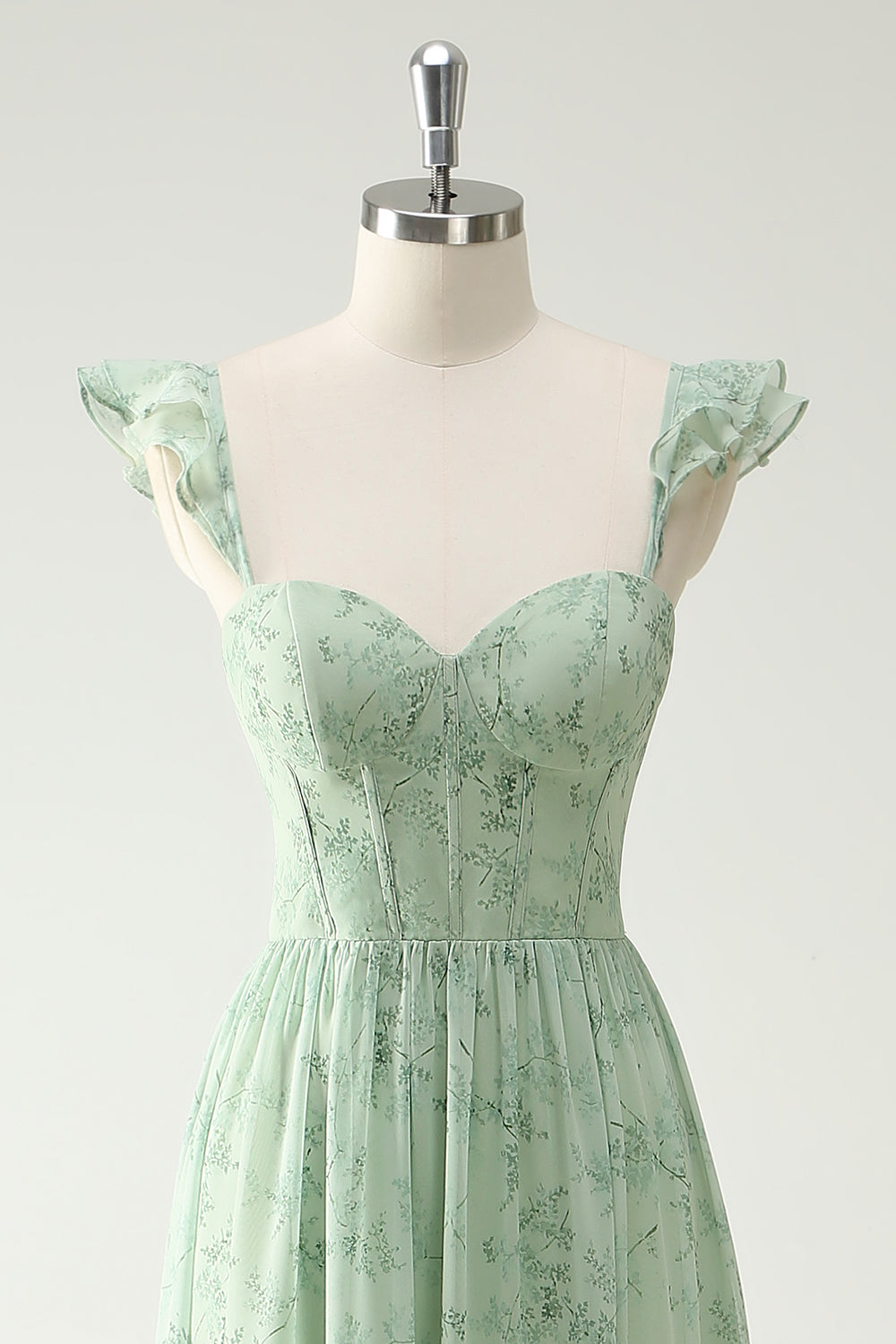 Une ligne de fleurs vertes volants bretelles longue robe de bal corset avec fendu sur le devant