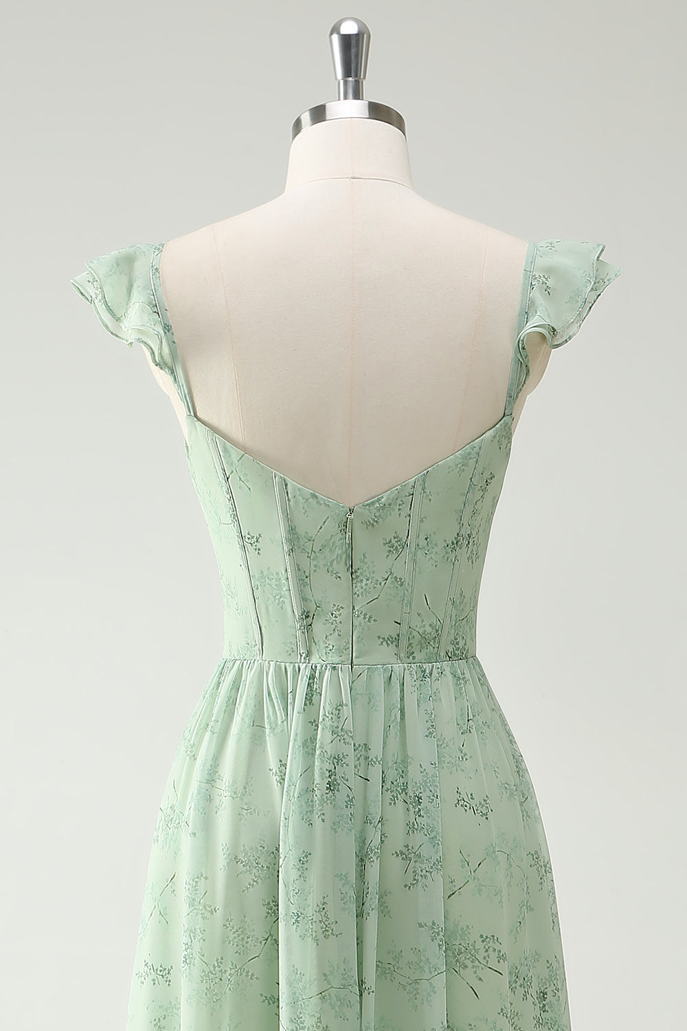 Une ligne de fleurs vertes volants bretelles longue robe de bal corset avec fendu sur le devant