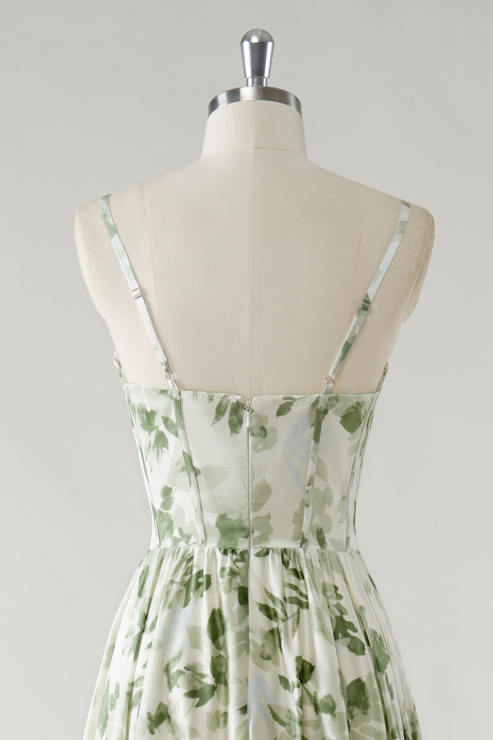 Fleur verte A-ligne spaghetti bretelles froncé Corset longue robe de demoiselle d’honneur