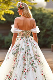 Robe de mariée florale en tulle blanc à épaules dénudées