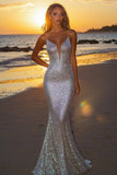 Robe longue de soirée sirène argentée scintillante dos nu