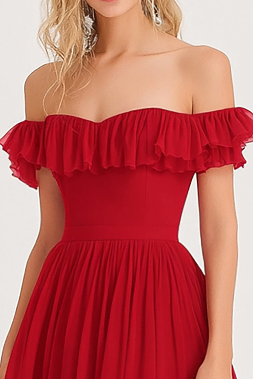 Épaule dénudée plissée à volants une ligne rouge Robe longue formelle