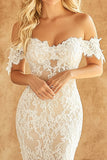 Robe de mariée longue en dentelle sirène blanche à épaules dénudées