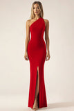 Rouge Une Épaule Sirène Satin Longue Robe de Bal Militaire avec Fente