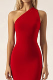 Rouge Une Épaule Sirène Satin Longue Robe de Bal Militaire avec Fente