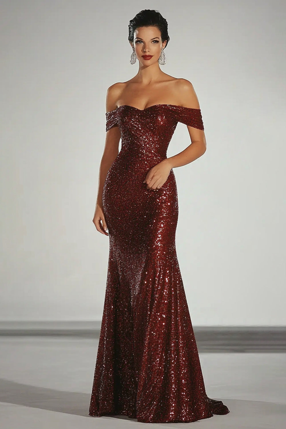 Robe de gala fourreau bordeaux scintillante à épaules dénudées avec fermeture éclair au dos