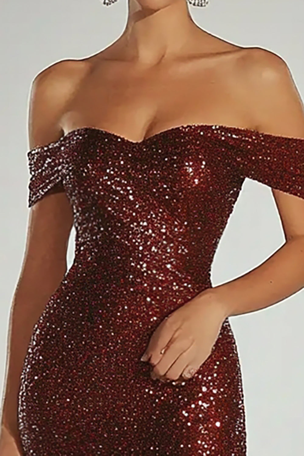 Robe de gala fourreau bordeaux scintillante à épaules dénudées avec fermeture éclair au dos