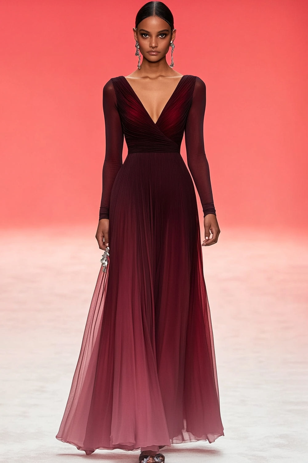 Élégante Robe de bal militaire bordeaux à col en V froncée avec manches longues