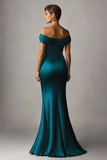 Robe formelle en satin froncé épaule large sirène bleu paon