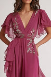Orné de col en V rose foncé Une ligne florale Maxi robe formelle avec volants