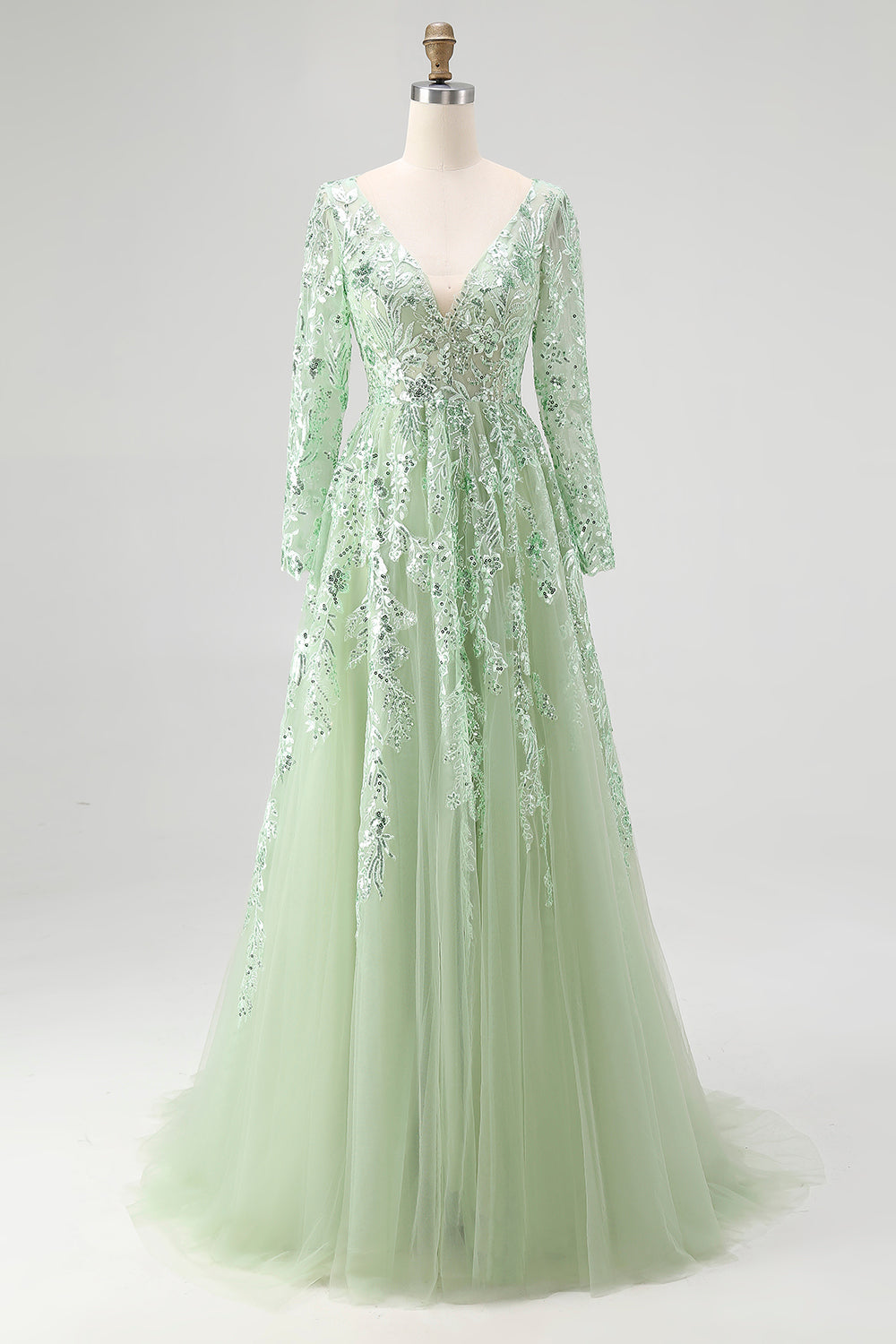 Robe de bal en tulle vert sauge à manches longues et décolleté en V avec appliques