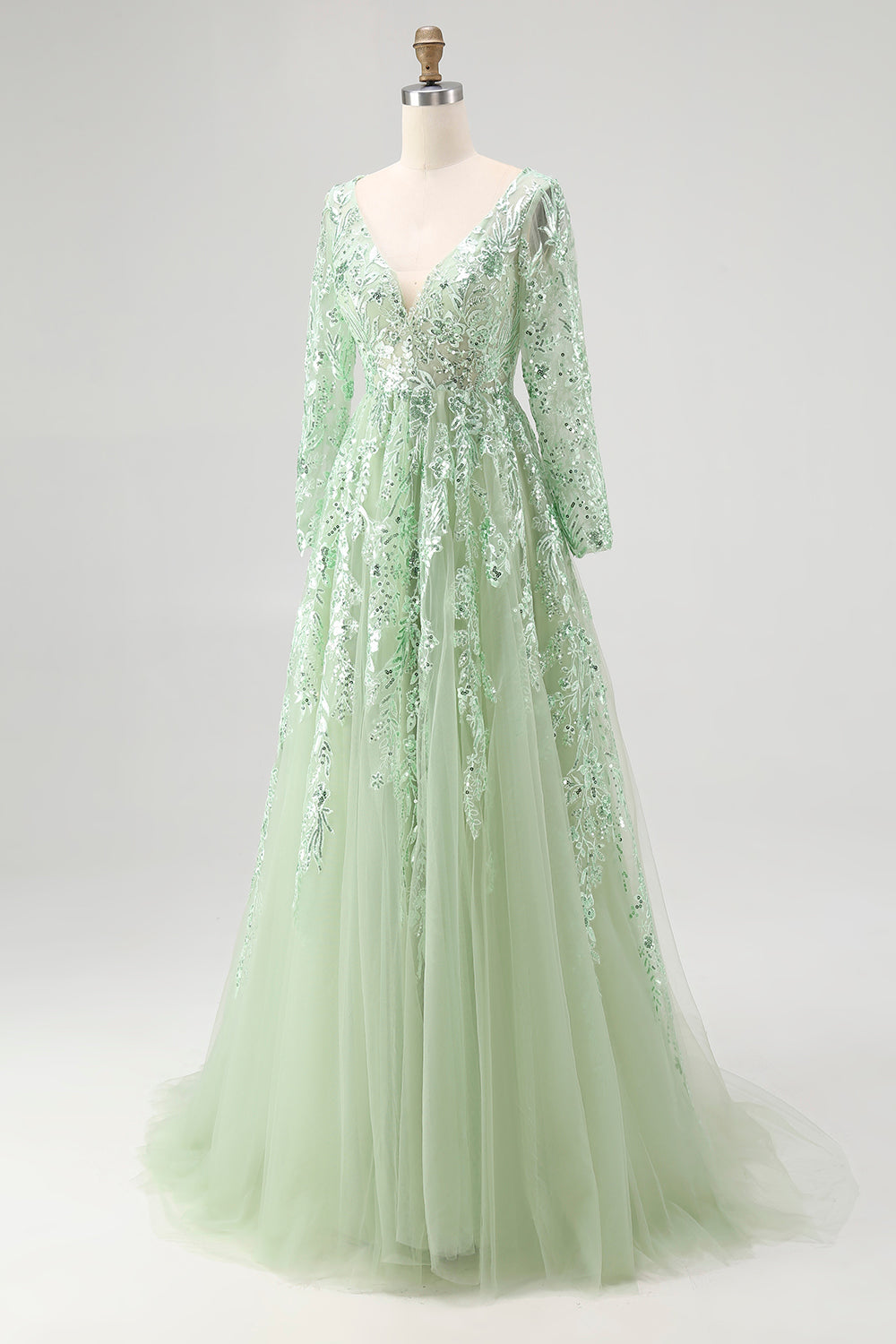 Robe de bal en tulle vert sauge à manches longues et décolleté en V avec appliques